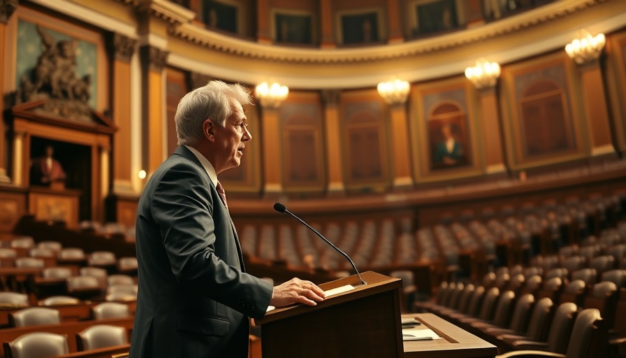 Passionate speaker delivers speech in Senate chamber, warm lighting.