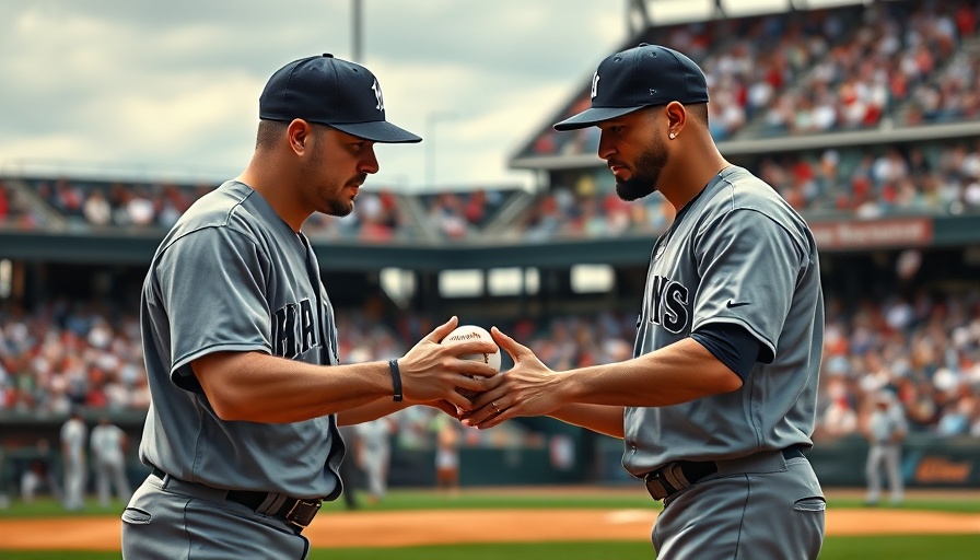 Baseball players in gray uniforms exchanging baseball, focused scene.