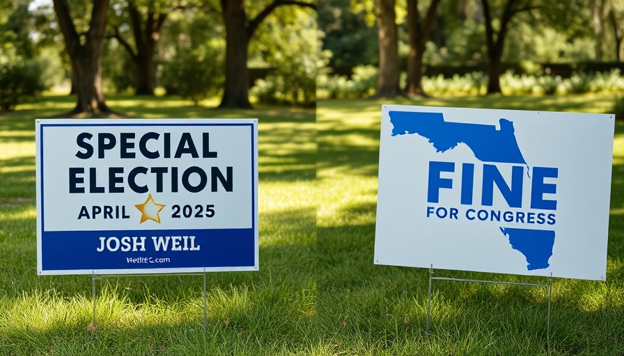 Campaign signs for Florida special elections on a grassy lawn.