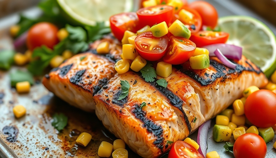 Smoky grilled salmon with avocado salad, vibrant and appetizing.