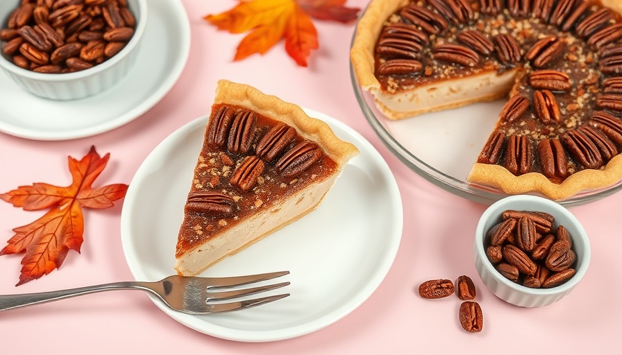 Brown Butter Vanilla Pecan Pie slice on pink background.