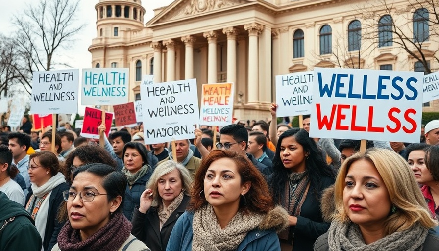 Protesters advocating health and wellness access, holding signs.