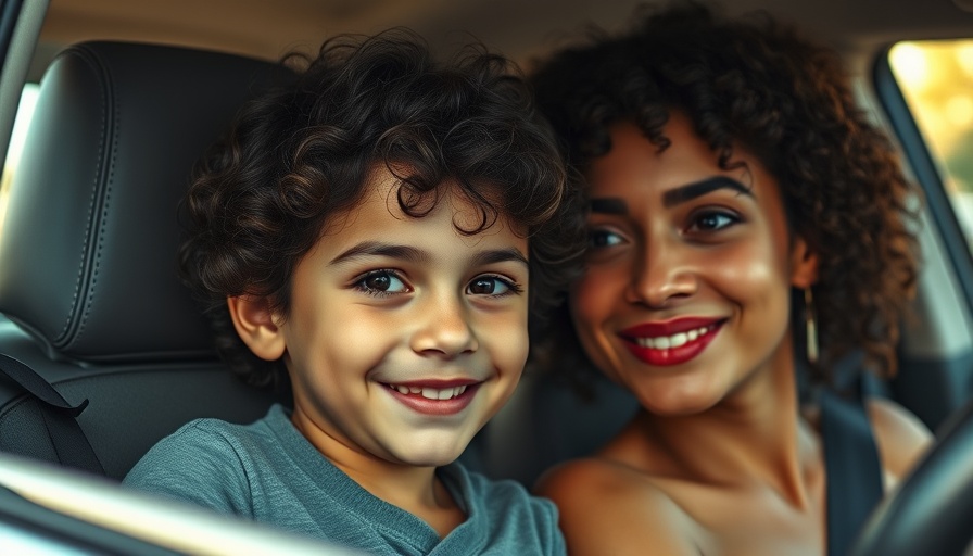 Young boy smiling in car selfie with woman, Texas incident context.
