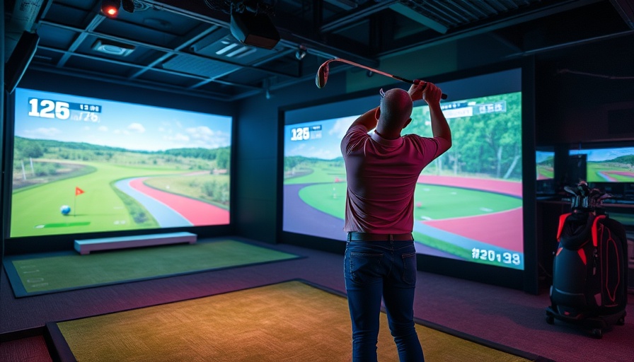 Indoor golf simulator with neon lights and a golfer swinging.