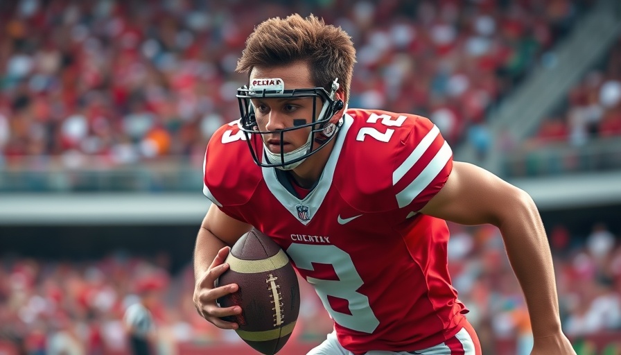 Football player in red and white uniform running during a game.