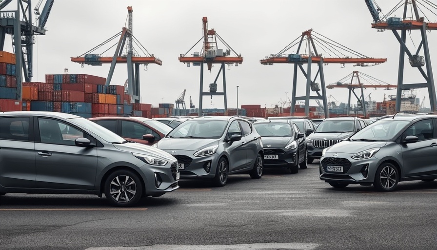 Cars at industrial port amid Trump's 25% auto tariffs.