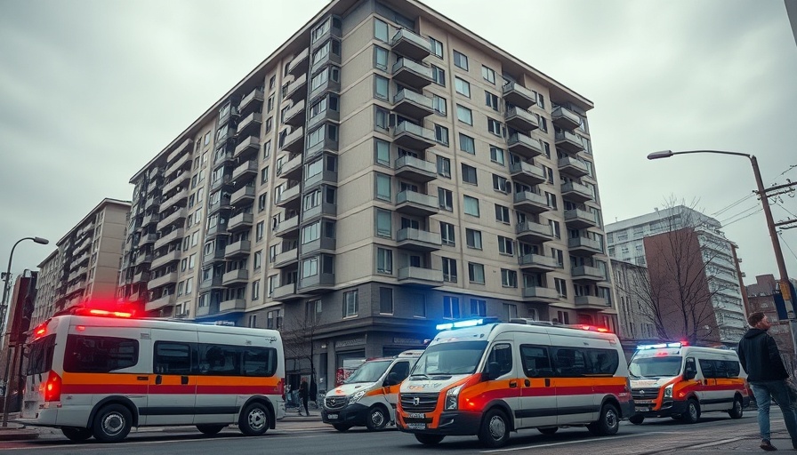 Urban scene with emergency vehicles outside building for domestic violence prevention.