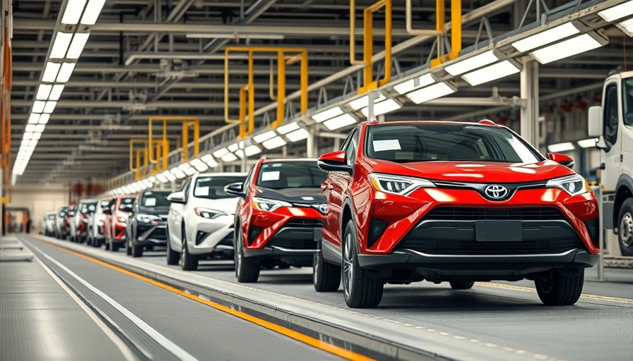 Toyota vehicles on factory assembly line, highlighting auto production.