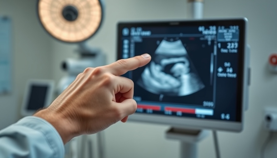 Ultrasound scan showing fetal image with pointing hand, San Antonio Reproductive Justice Fund topic