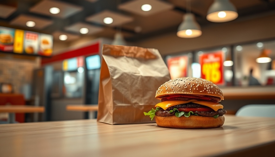 Fast food scene with burger and bag on table, most fast food by state.