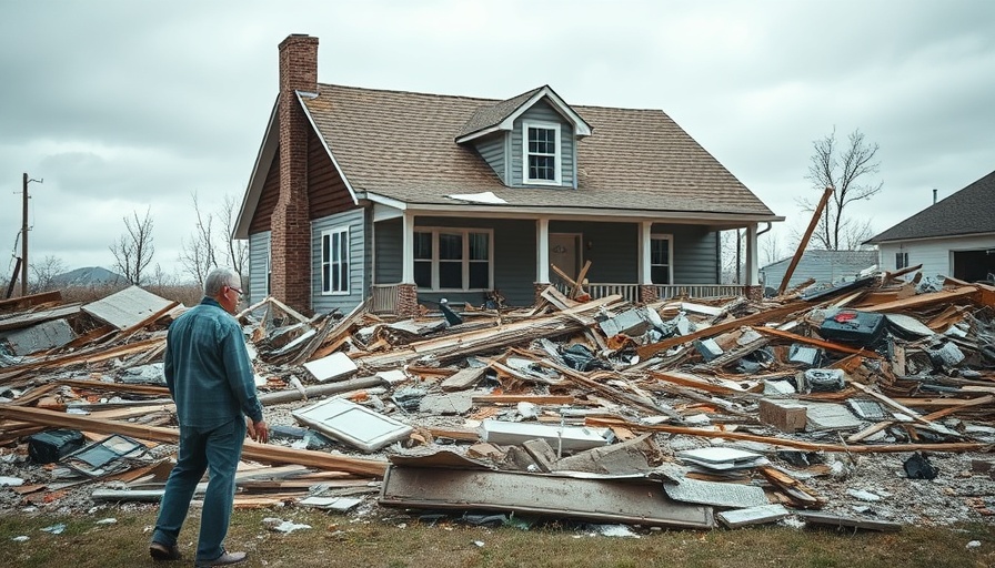 Tornado damage in the Midwest with a person surveying the destruction.