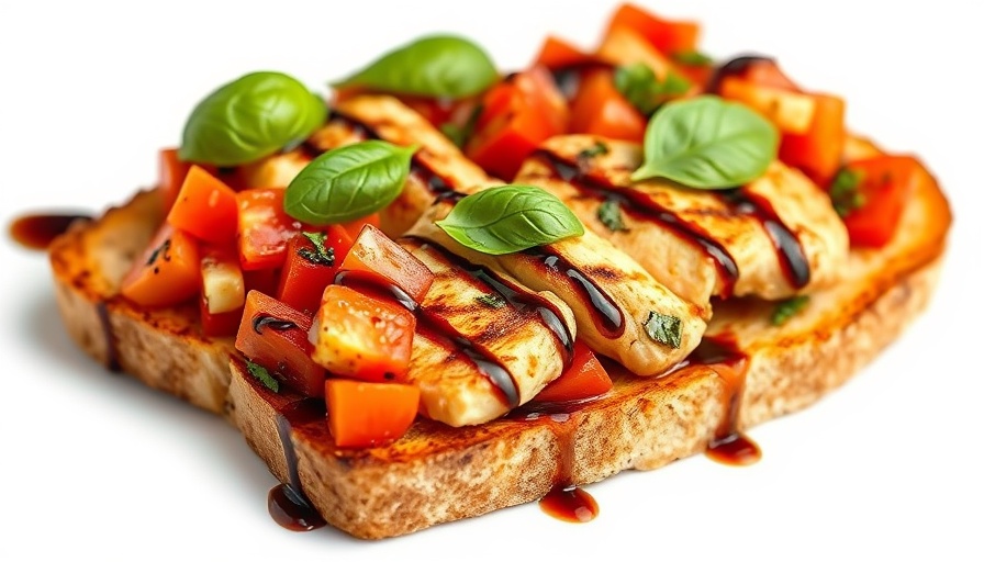 Bruschetta Grilled Chicken with tomatoes and basil drizzled with balsamic glaze.