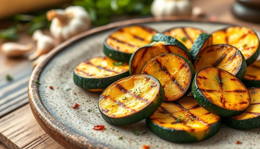 Plated grilled summer squash, seasoned with herbs.
