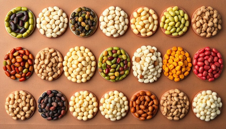 Assorted colorful beans for health and wellness against a brown background.