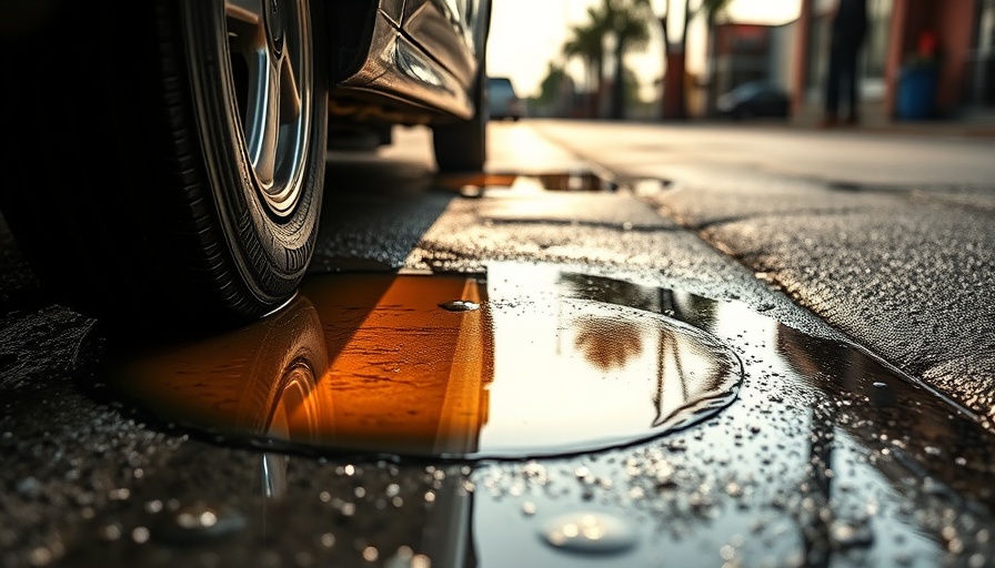 Fuel leak in Highland Village beneath parked car, urban street setting.