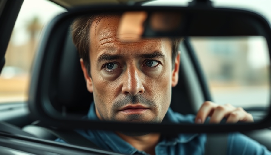 Close-up view of a driver in a rearview mirror with a concerned expression.