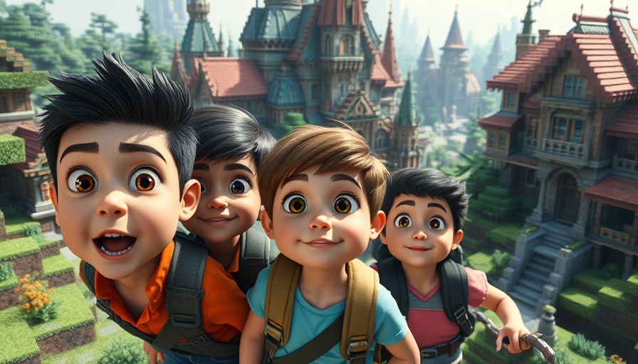Characters exploring a Minecraft-style village in A Minecraft Movie.