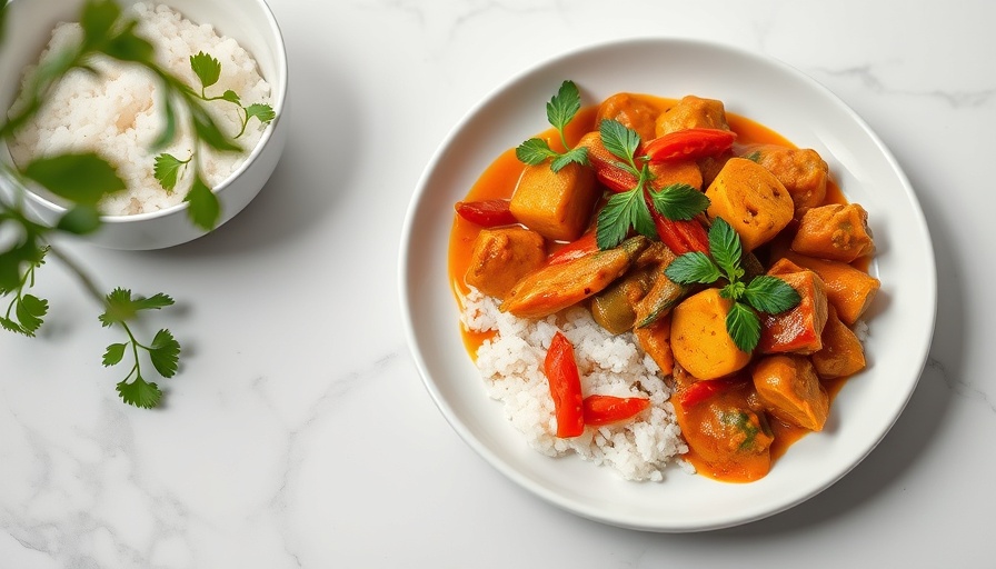 Bold new dishes American Airlines: gourmet meal with curry and rice.