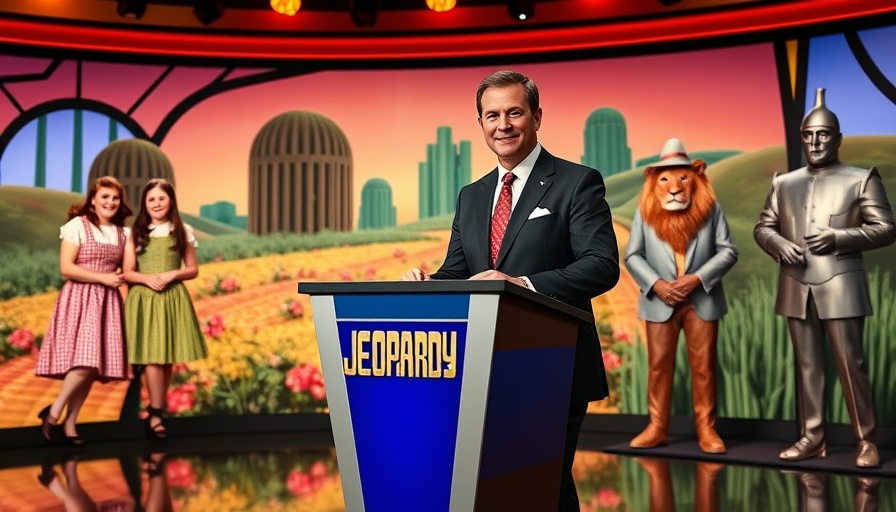 Jeopardy host and Wizard of Oz characters in vibrant split-screen