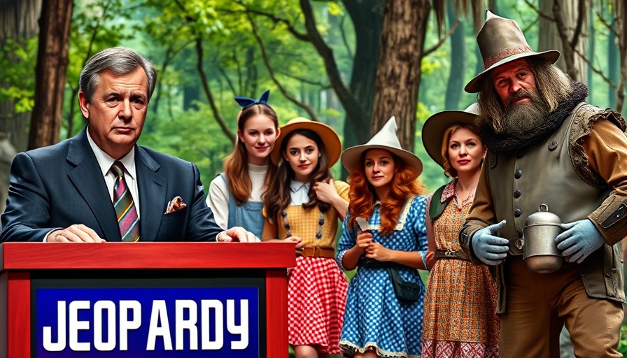 Jeopardy host with Wizard of Oz characters, game show film contrast.