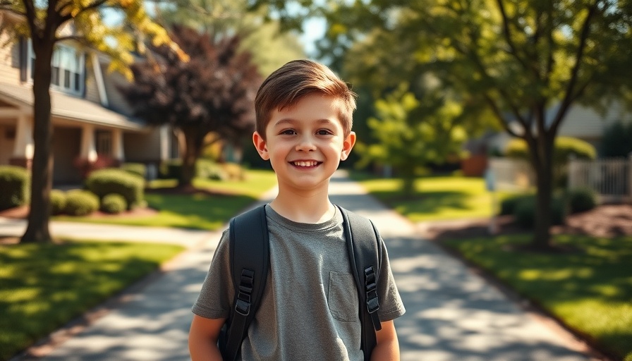 Young boy in a suburban neighborhood smiling, wearing a backpack in natural sunlight.