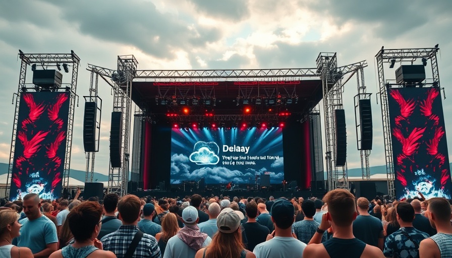 NCAA March Madness Music Festival crowd under cloudy sky awaiting delay update.