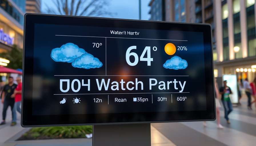 Severe weather alert Houston: digital forecast screen with temperatures and rain chance.