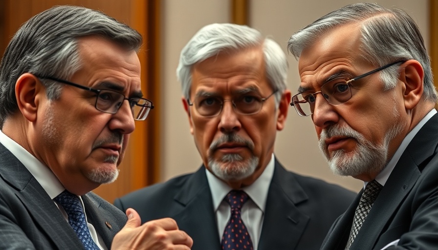 Three men discuss Trump tariff predictions in a formal setting.