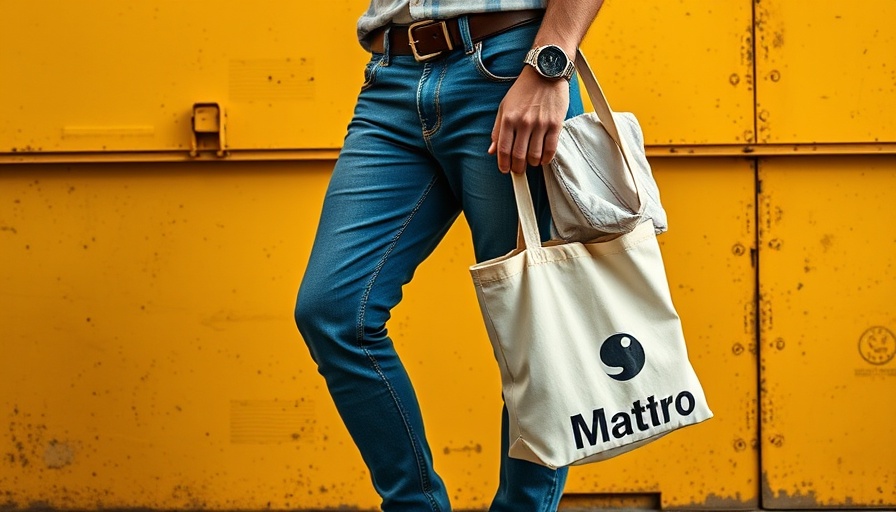 Casual man with tote bag in front of yellow container, Bexar Goods Co. closure.