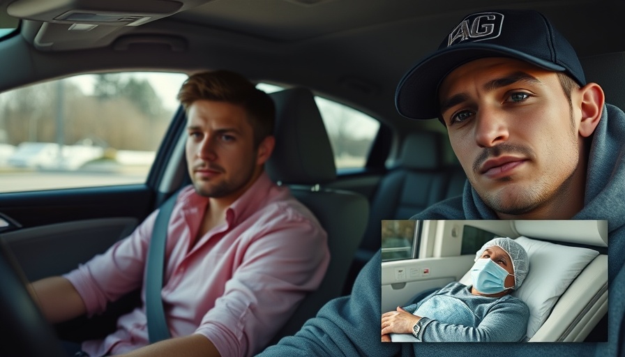 Two men in a car, one recently released, with hospital inset.