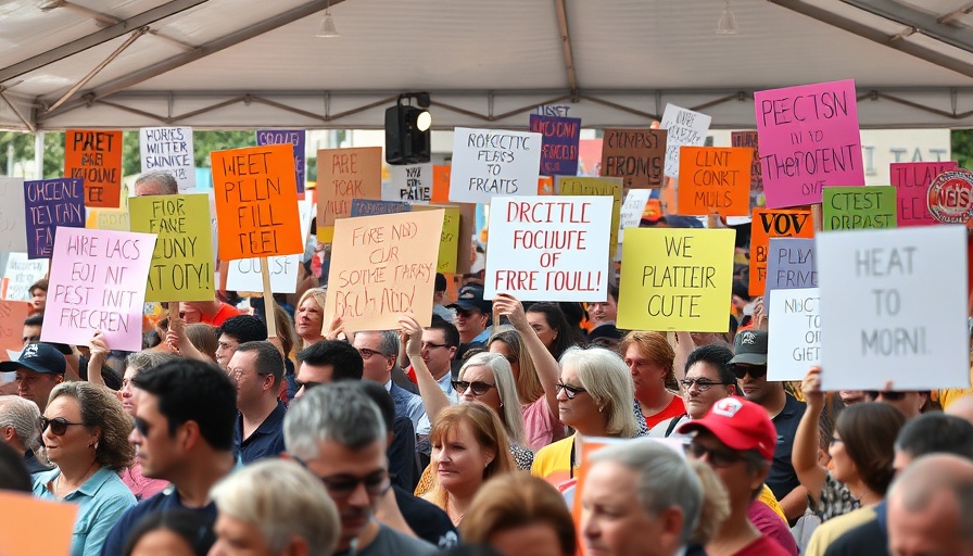 Protest crowd at Hands Off event, holding signs. Vibrant daytime.
