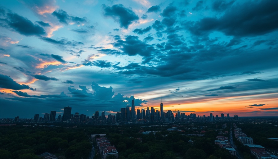 Dramatic city skyline at dusk, highlighting "Lights Out for Birds" program Texas.