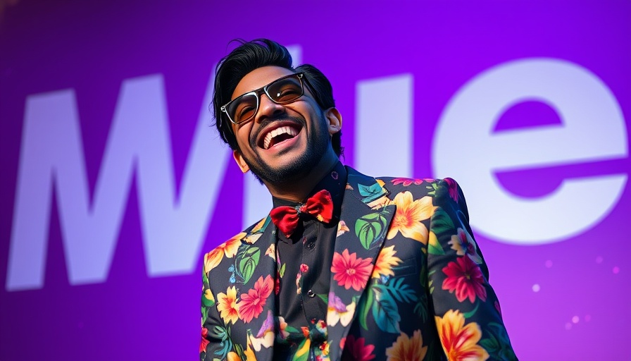 Comedian in floral suit laughing with purple backdrop, comedians political commentary.