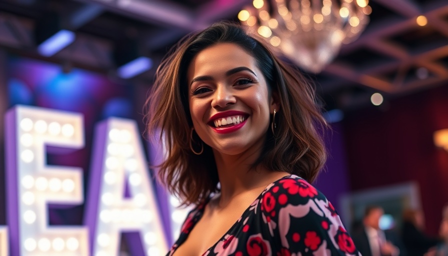 Fashionable woman joyfully posing at event backdrop, anti-Trump comedy impact.