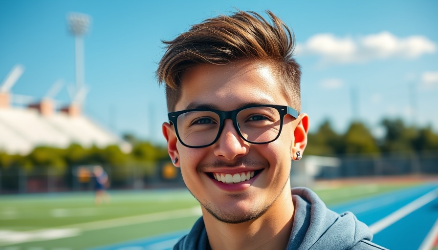 Young man smiling outdoors on a bright day with a fence in the background.