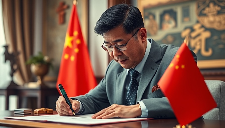 US-China trade deficit discussion with document signing and Chinese flag.
