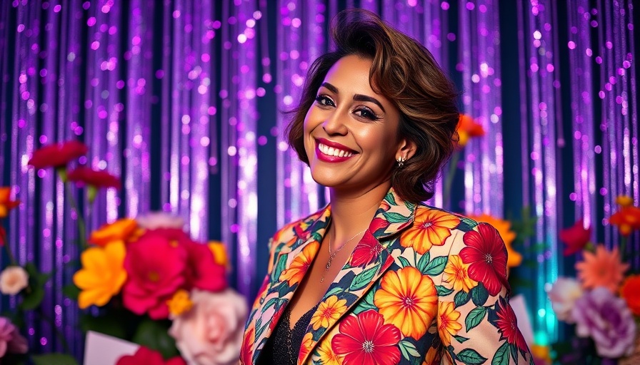 Breaking news: Woman in colorful jacket smiling at event.