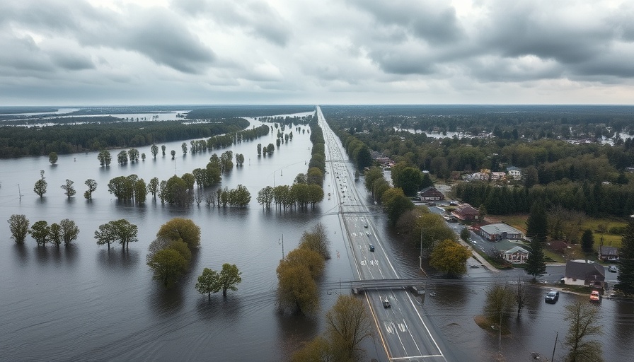 Aerial view of severe weather causing flooding in the US town.