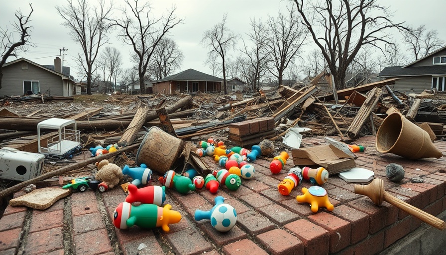 Tornadoes and flash flooding aftermath in US, debris and toys scattered.
