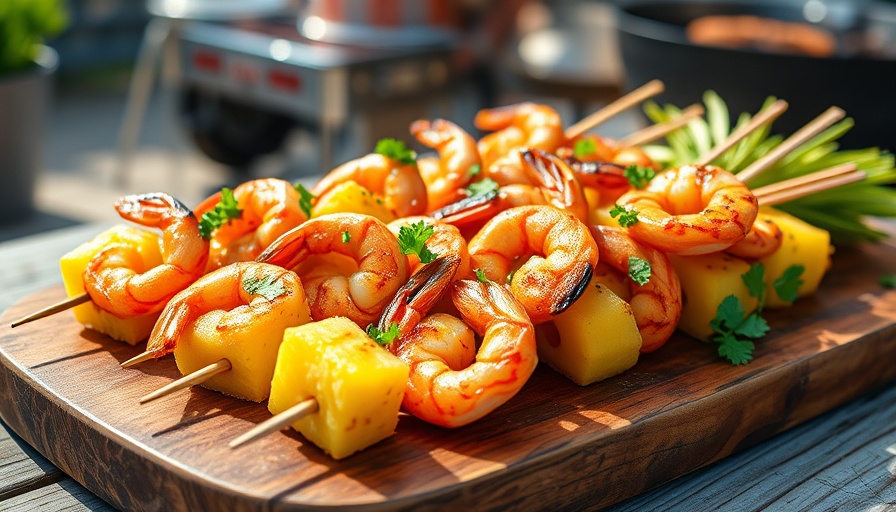Close-up of grilled shrimp and pineapple skewers in outdoor setting.