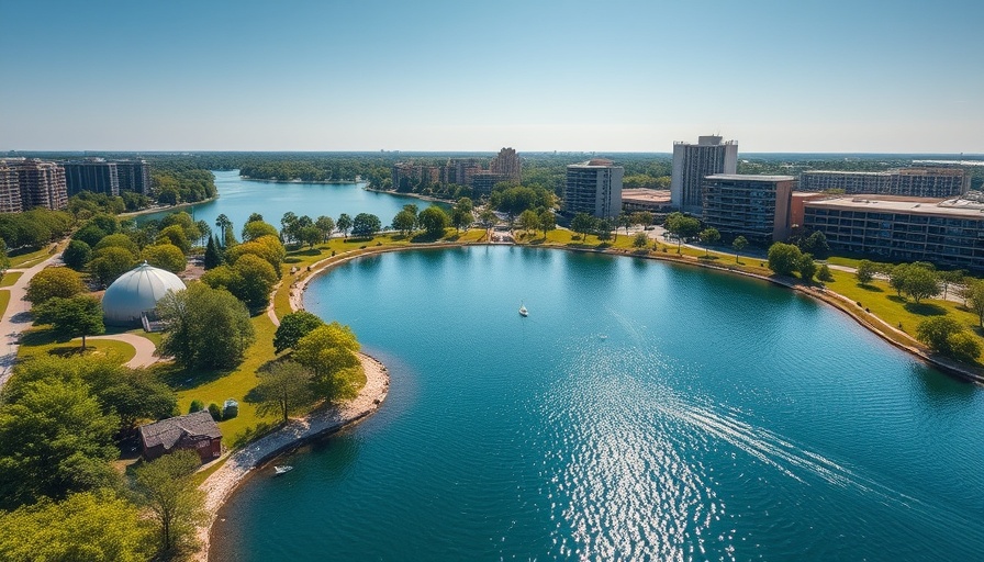San Antonio recreation lake surrounded by greenery and buildings.
