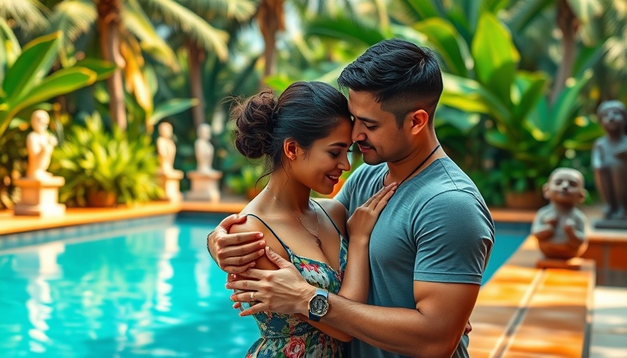 Tender moment by the poolside with lush greenery on The White Lotus.