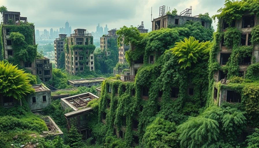 Realistic post-apocalyptic cityscape with nature reclaiming architecture.