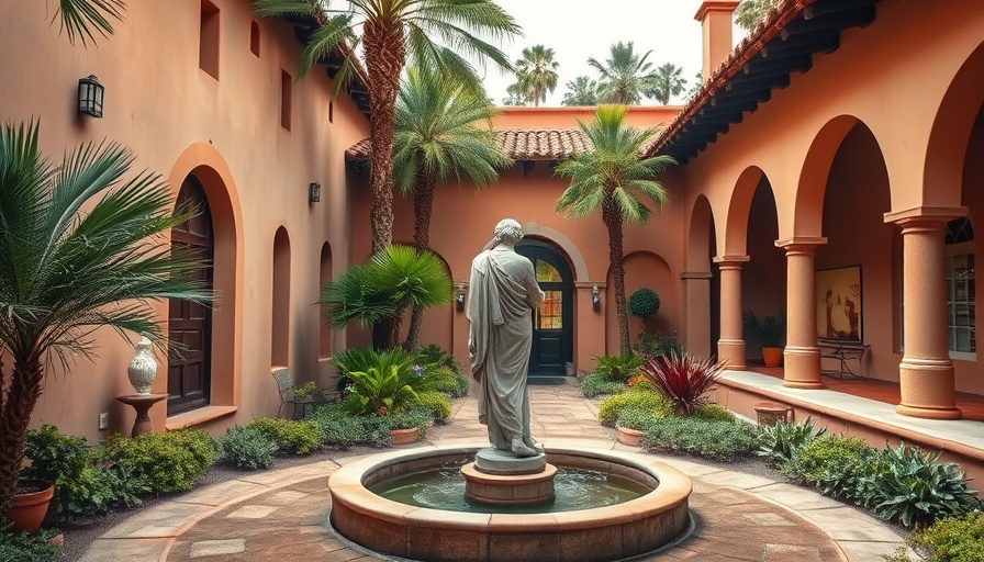 Spanish-style courtyard with fountain and palm trees reflecting San Antonio cultural events.
