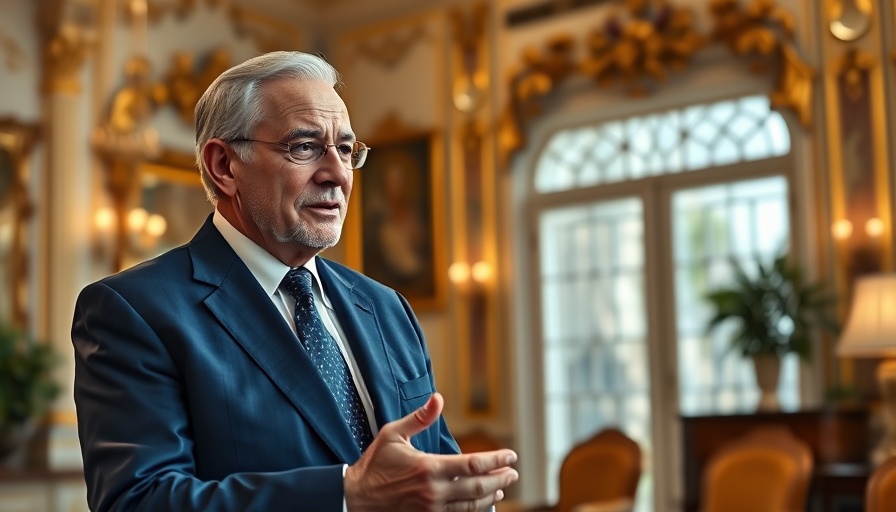 Man in blue suit gesturing discusses Trump's tariff policy in elegant room.