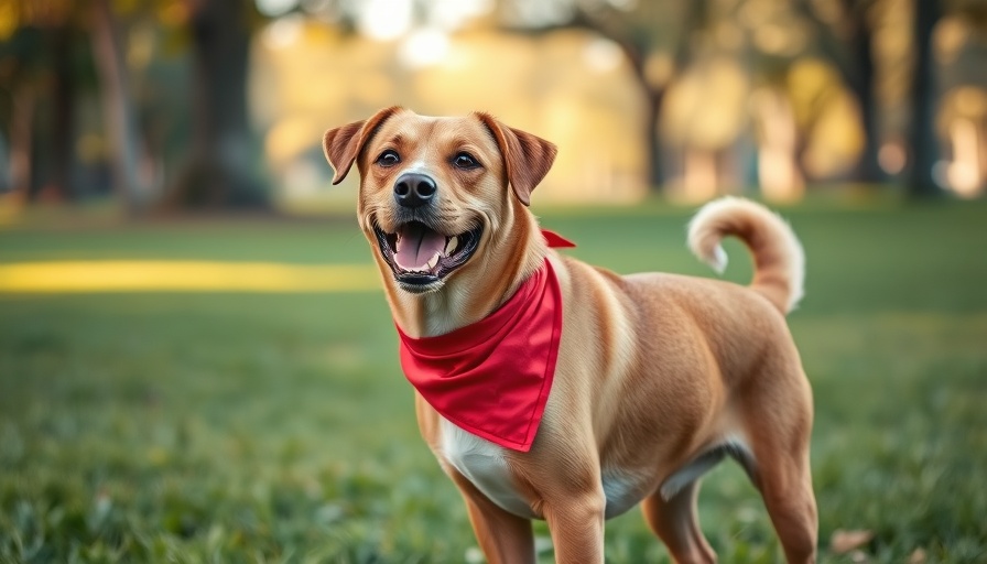 Dog at San Antonio pet adoption event wearing red bandana.