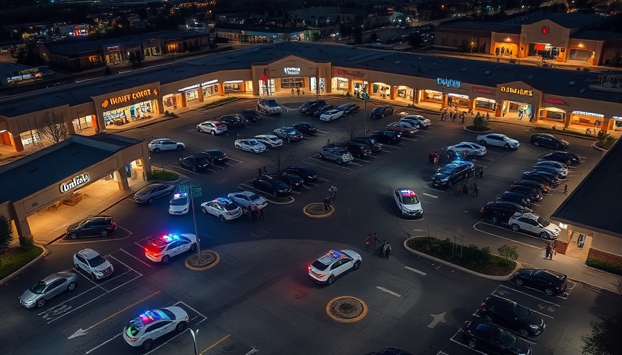 Nighttime aerial view of Houston strip mall with police presence.