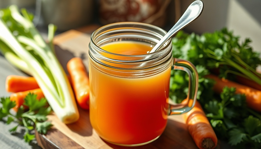 Glass jar of bone broth surrounded by vegetables; benefits of drinking bone broth.