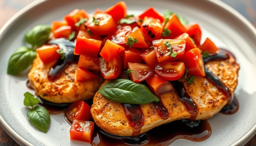 Bruschetta grilled chicken topped with tomatoes and balsamic glaze