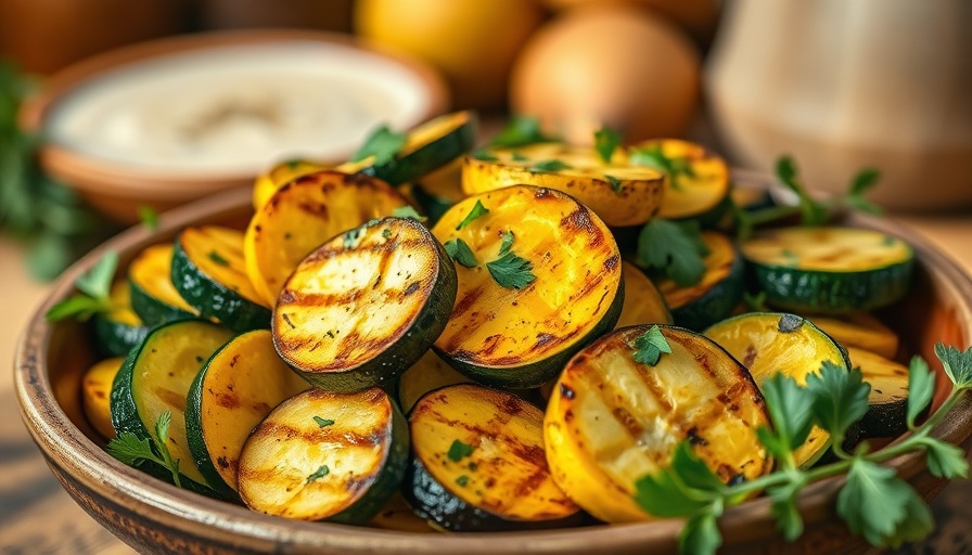 Grilled summer squash slices with herbs on a ceramic plate.